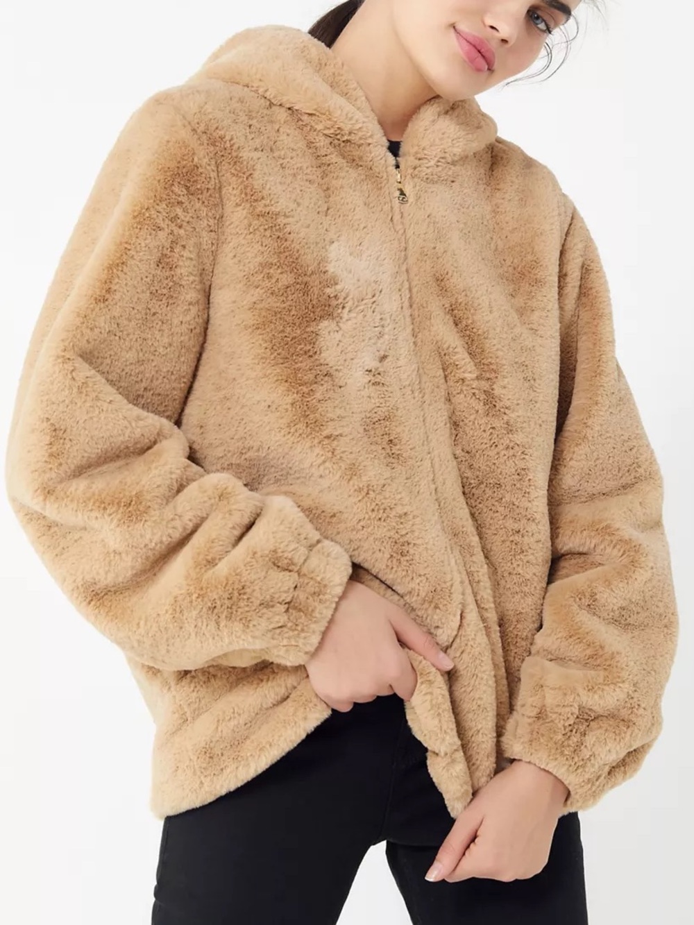Urban Outfitters Plush Hooded Jacket in Camel